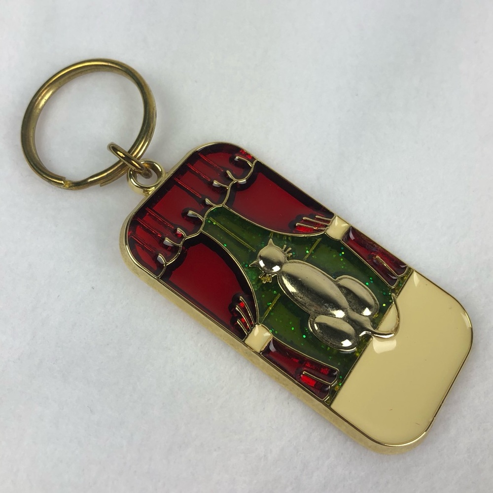 Vintage Faux Stained Glass Sun Catcher Keychain Charm Kitty Cat in the Window